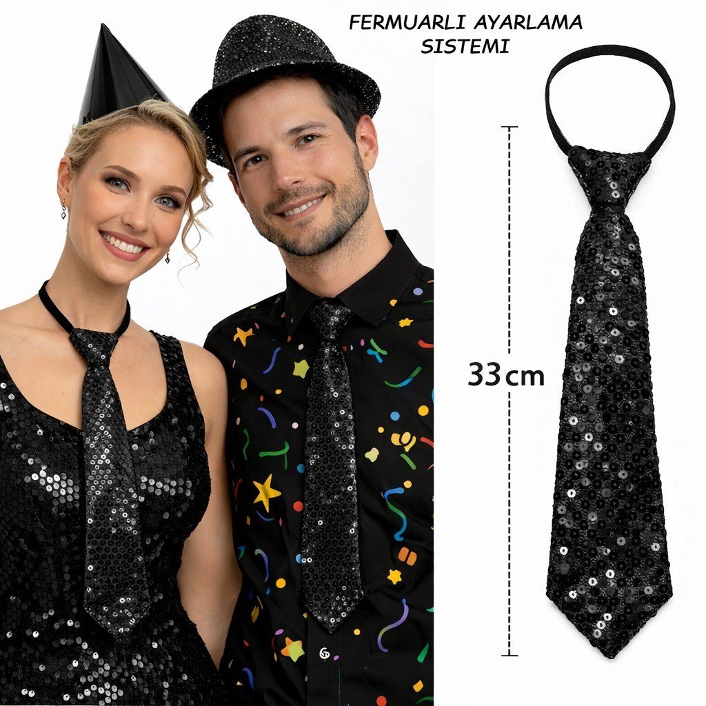 Siyah Renk Pul Payetli Işıltılı Parti Kravatı 33 cm (5293)