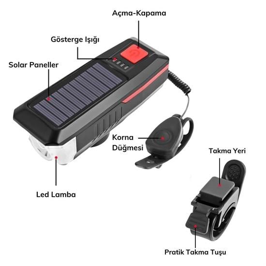Solar Enerjili USB ile Şarj Edilebilir Ledli Bisiklet Feneri Kornalı ve Su Geçirmez Far (5293)