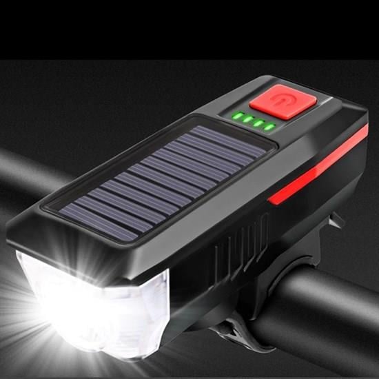 Solar Enerjili USB ile Şarj Edilebilir Ledli Bisiklet Feneri Kornalı ve Su Geçirmez Far (5293)