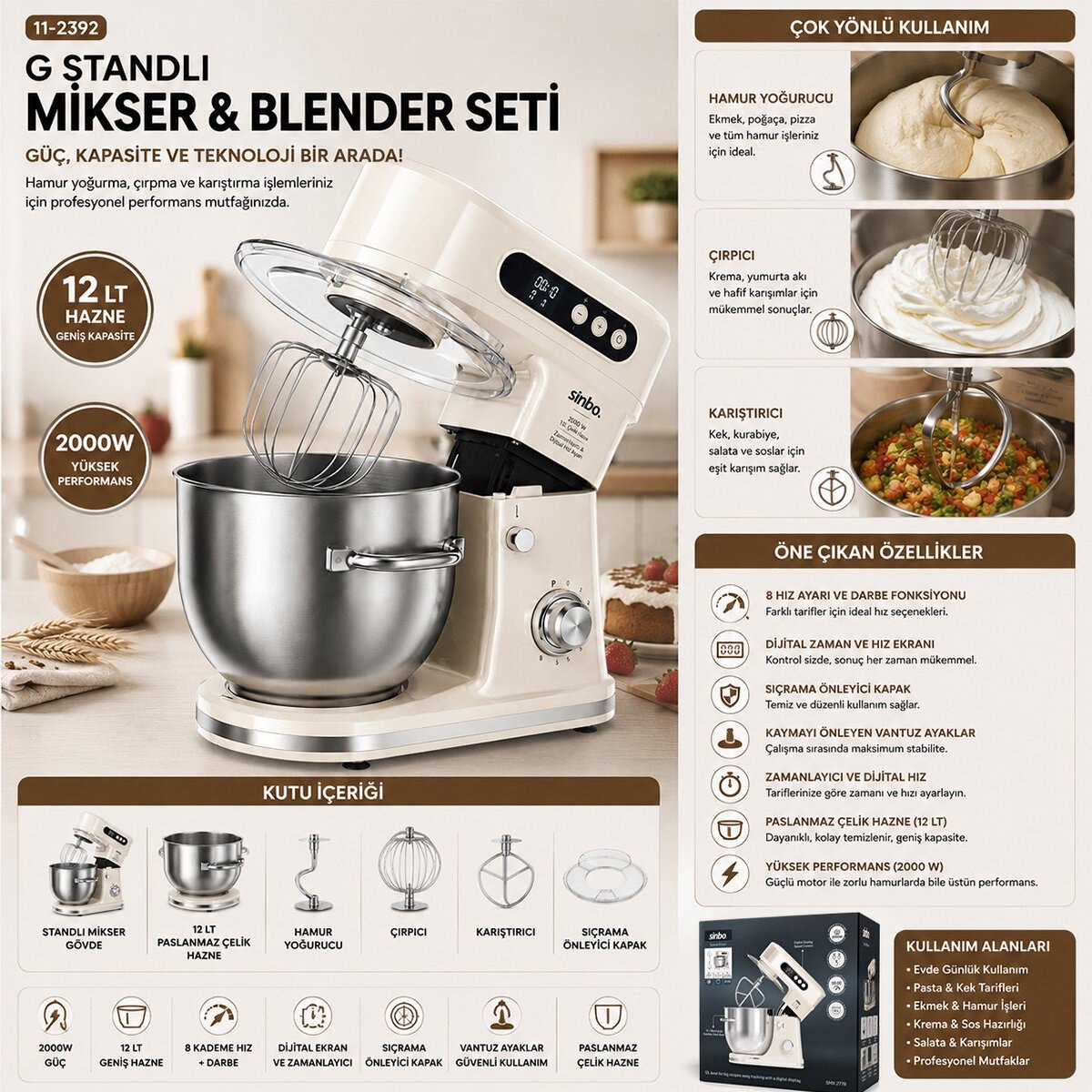 STANDLI MİKSER - BLENDER SETİ HAMUR YOĞURUCU - ÇIRPICI - KARIŞTIRICI 8KADEM. HIZ AYAR 12LT HAZNE 2000W SMX-2779 (5293)