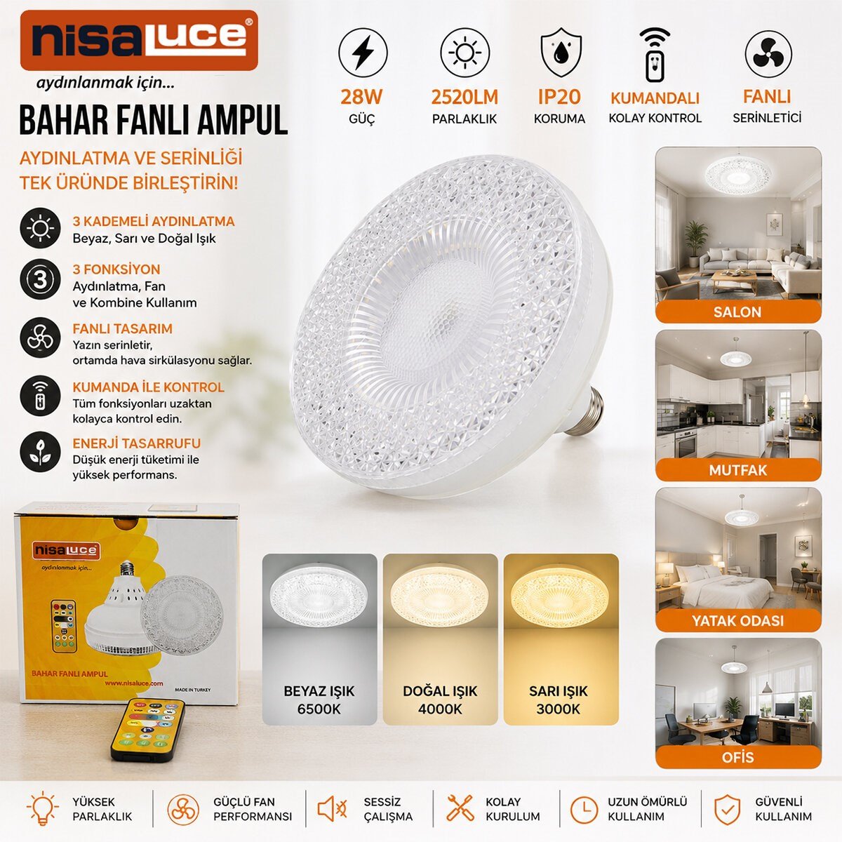 TAVAN 28W - IP20 - 2520LM KUMANDALI - 3 KADEMELİ - 3 FONKSİYON 38X15CM BAHAR FANLI VANTİLATÖR AMPUL BEYAZ-SARI-DOĞAL IŞIK E-112 (5293)