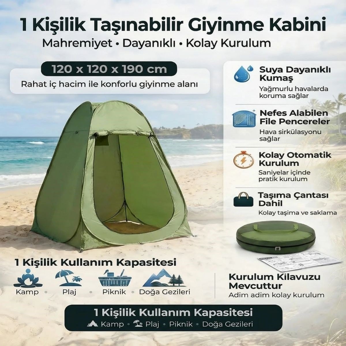 Tek Kişilik Yarı Otomatik Portatif Giyinme Kabini Çadırı – Plaj, Kamp, Duş ve Soyunma Kabini Outdoor Çadır 120x120x190 cm (5293)