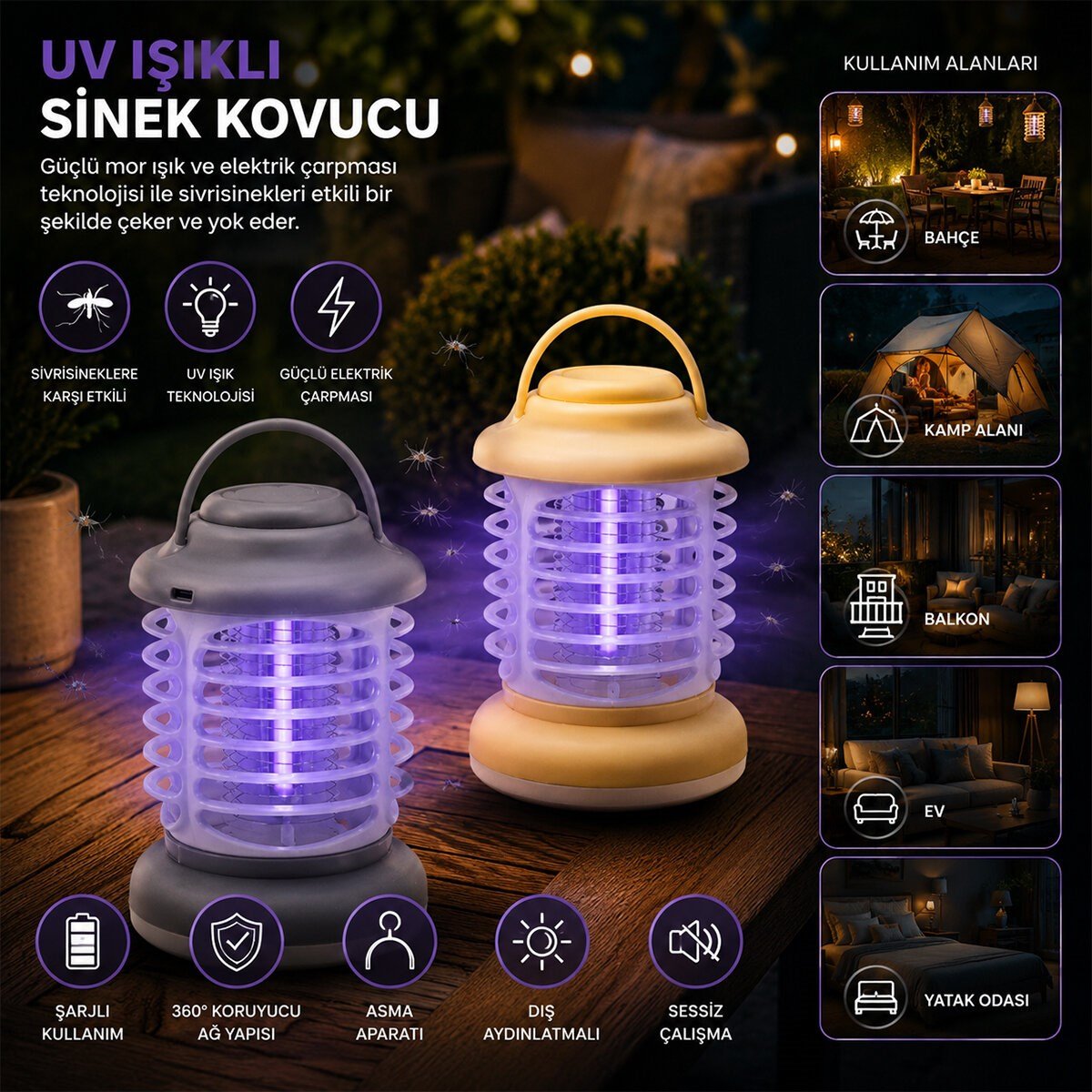 USB ŞARJLI - 2 RENK IŞIK ASMA APARAT - SESSİZ ÇALIŞMA UV IŞIKLI SİNEK KOVUCU HS-376 (5293)