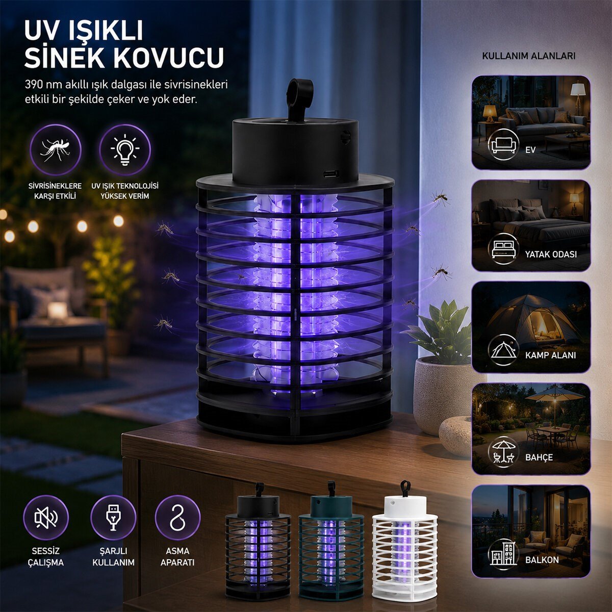 USB ŞARJLI - 2 RENK IŞIK ASMA APARAT - SESSİZ ÇALIŞMA UV IŞIKLI SİNEK KOVUCU HS-373 (5293)