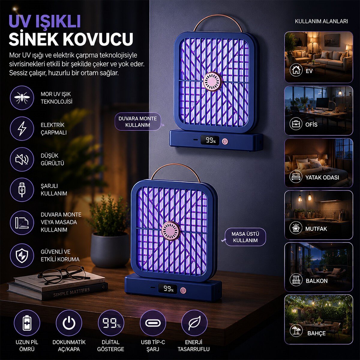 USB ŞARJLI - ELEKTRİK ÇARPMALI - DİJİTAL EKRAN ASMA APARAT - SESSİZ ÇALIŞMA UV IŞIKLI SİNEK KOVUCU HS-371 (5293)
