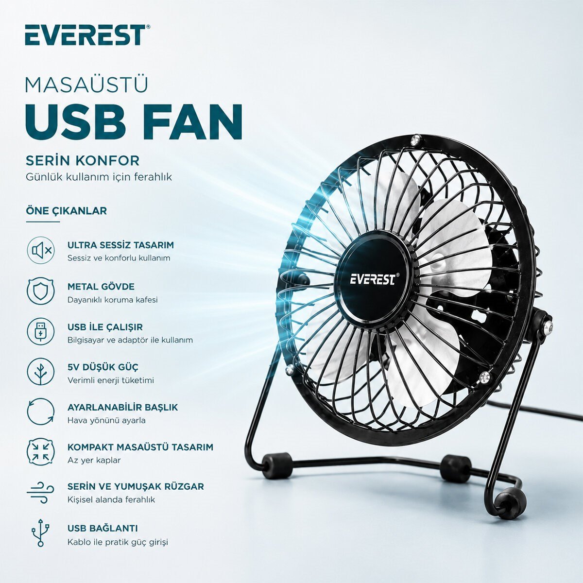 USB ŞARJLI - METAL GÖVDE 14.5X7.5X15CM MİNİ MASAÜSTÜ FAN - VANTİLATÖR EFN-482 (5293)