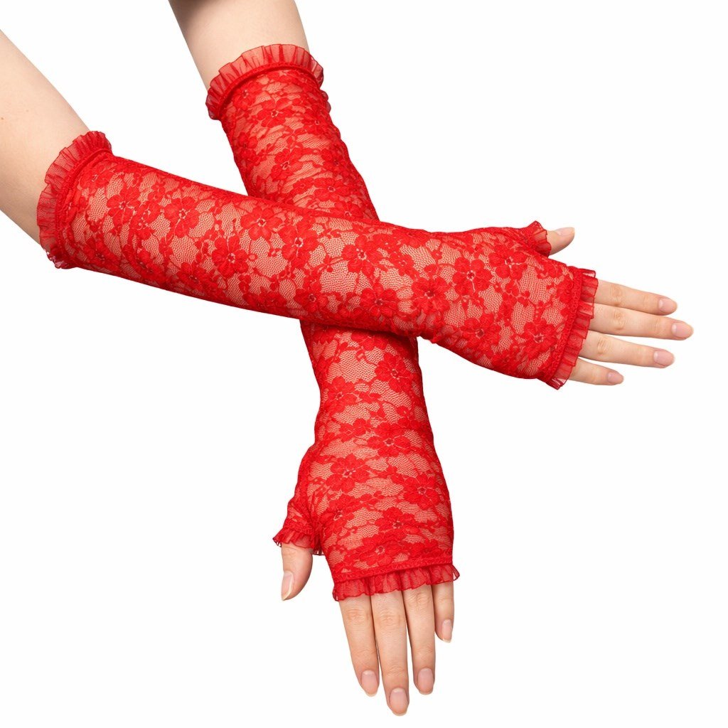 Uzun Zarif Dantel Eldiven Parmaksız Kırmızı 35 cm (5293)