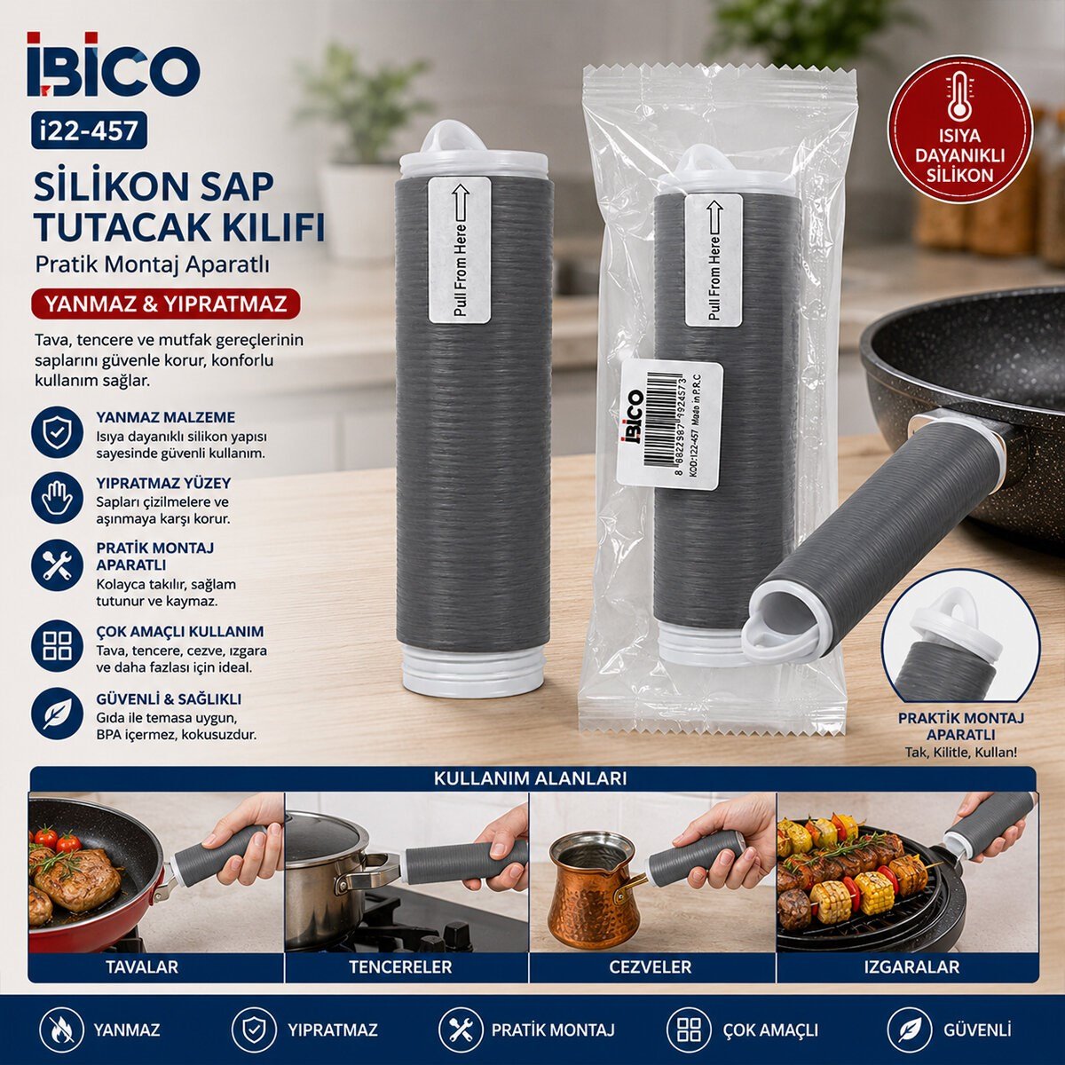 YANMAZ - YIPRATMAZ TAVA - ÇOK AMAÇLI SİLİKON SAP TUTACAK KILIFI PRATİK MONTAJ APARATLI (5293)