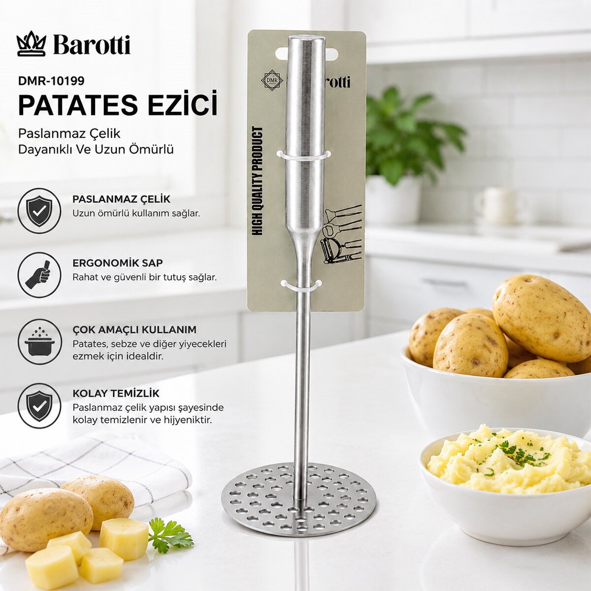 YUVARLAK ÇAP : 8CM METAL SAPLI = 11.5CM METAL PATATES EZİCİ TOPLAM UZUNLUK : 26.5CM (5293)