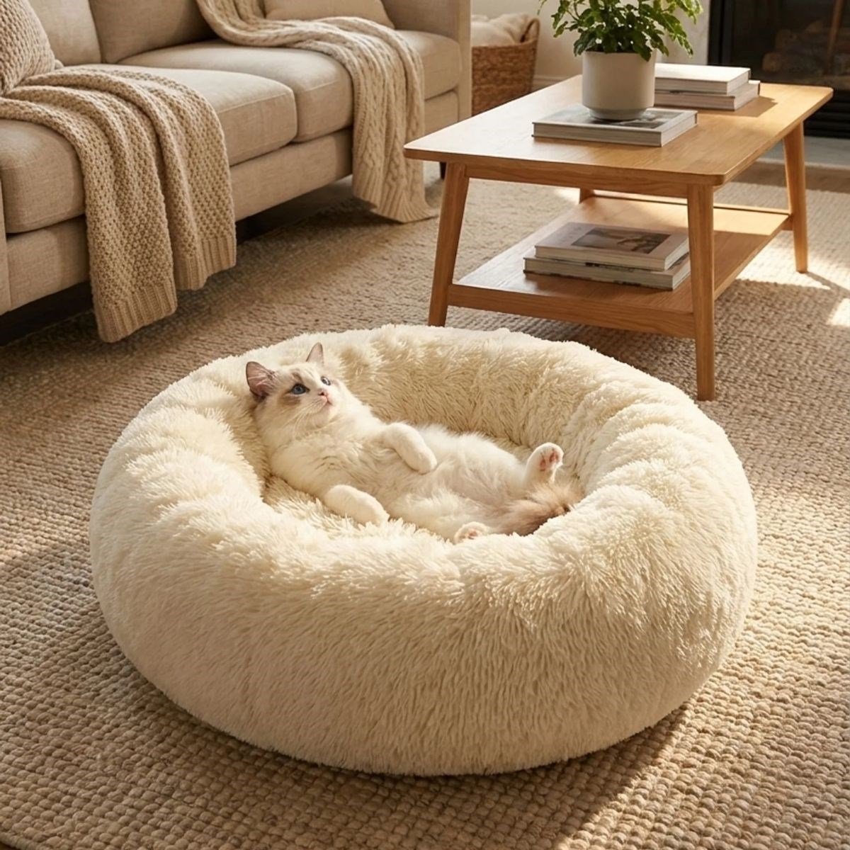 Yuvarlak Ultra Yumuşak Welsoft Peluş Kedi ve Köpek Yatağı – Kaymaz Taban Tüylü Pet Pufu,Uyku Minderi (krem) (5293)
