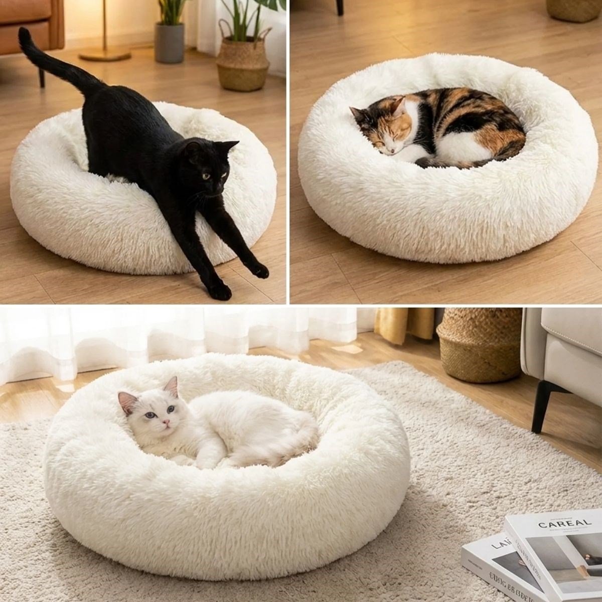 Yuvarlak Ultra Yumuşak Welsoft Peluş Kedi ve Köpek Yatağı – Kaymaz Taban Tüylü Pet Pufu,Uyku Minderi (krem) (5293)