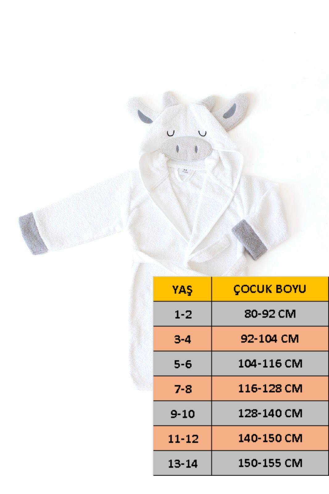 Kapüşonlu Erkek ve Kız Çocuk Bornozu,Pamuklu,Kulaklı,Hayvan Figürlü-İNEK