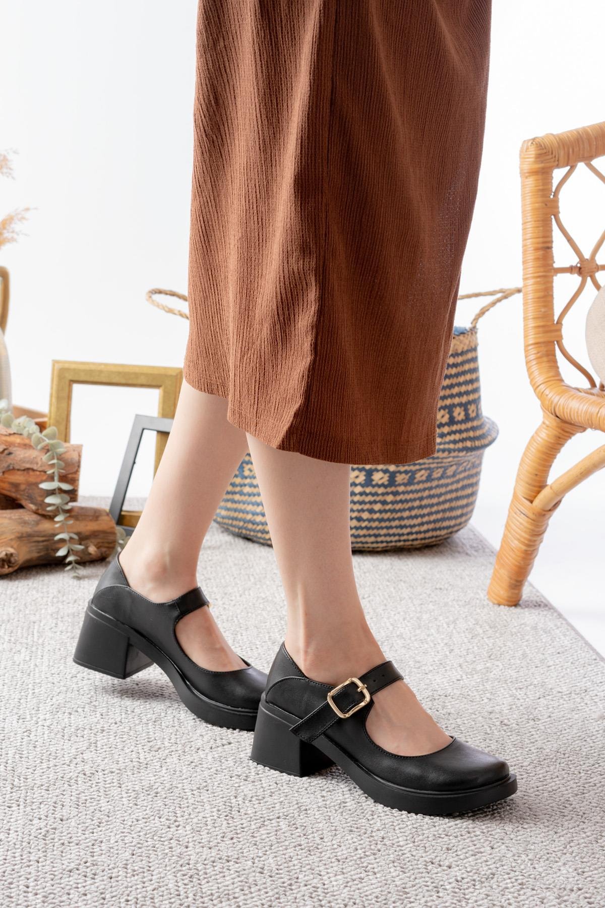 Kadın Elisa Siyah Cilt 6 Cm Tek Baletli Topuklu Loafer ayakkabı  Siyah