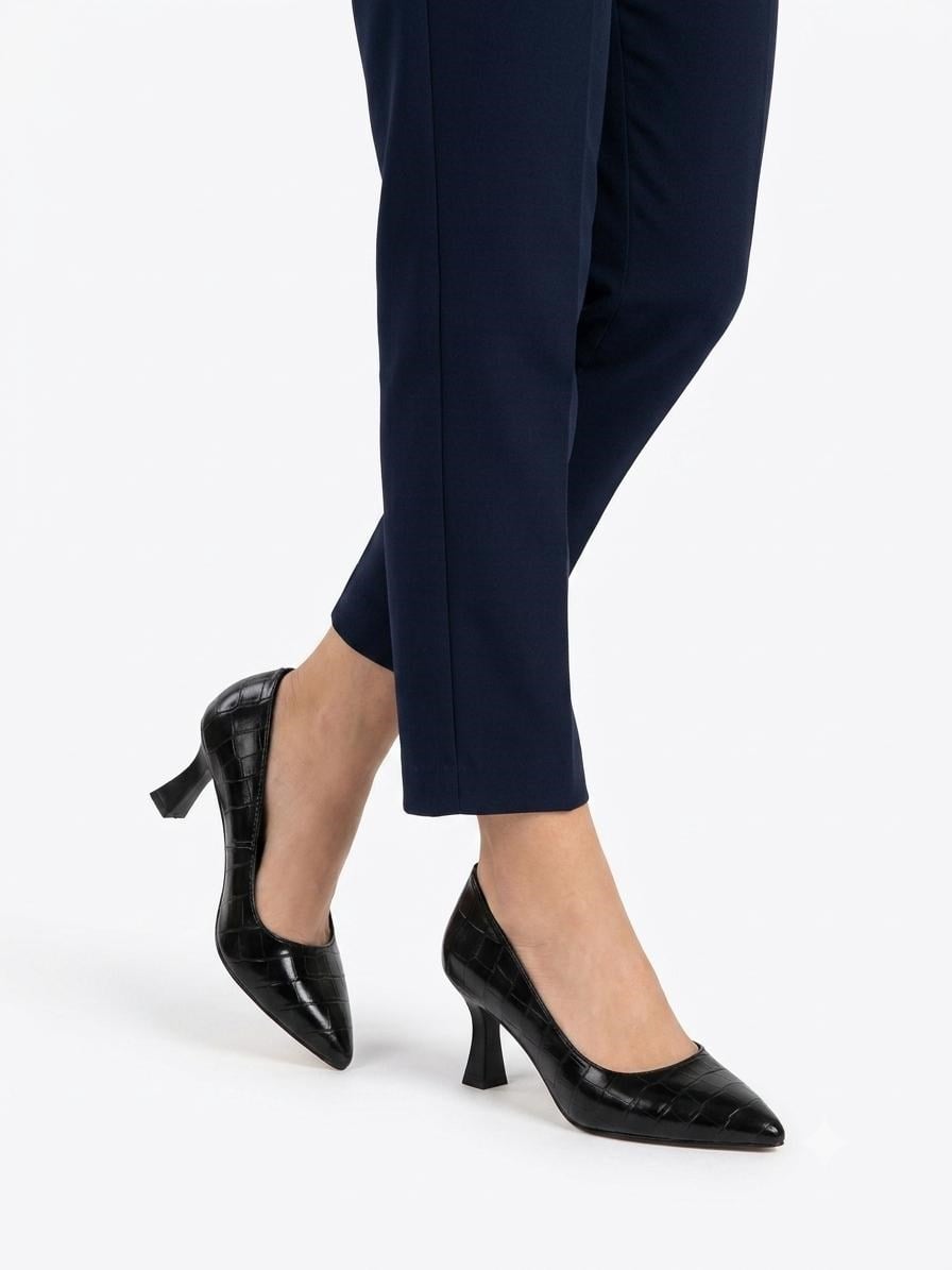 Kadın Flora Siyah Kroko 6 Cm İnce Topuklu Stiletto  