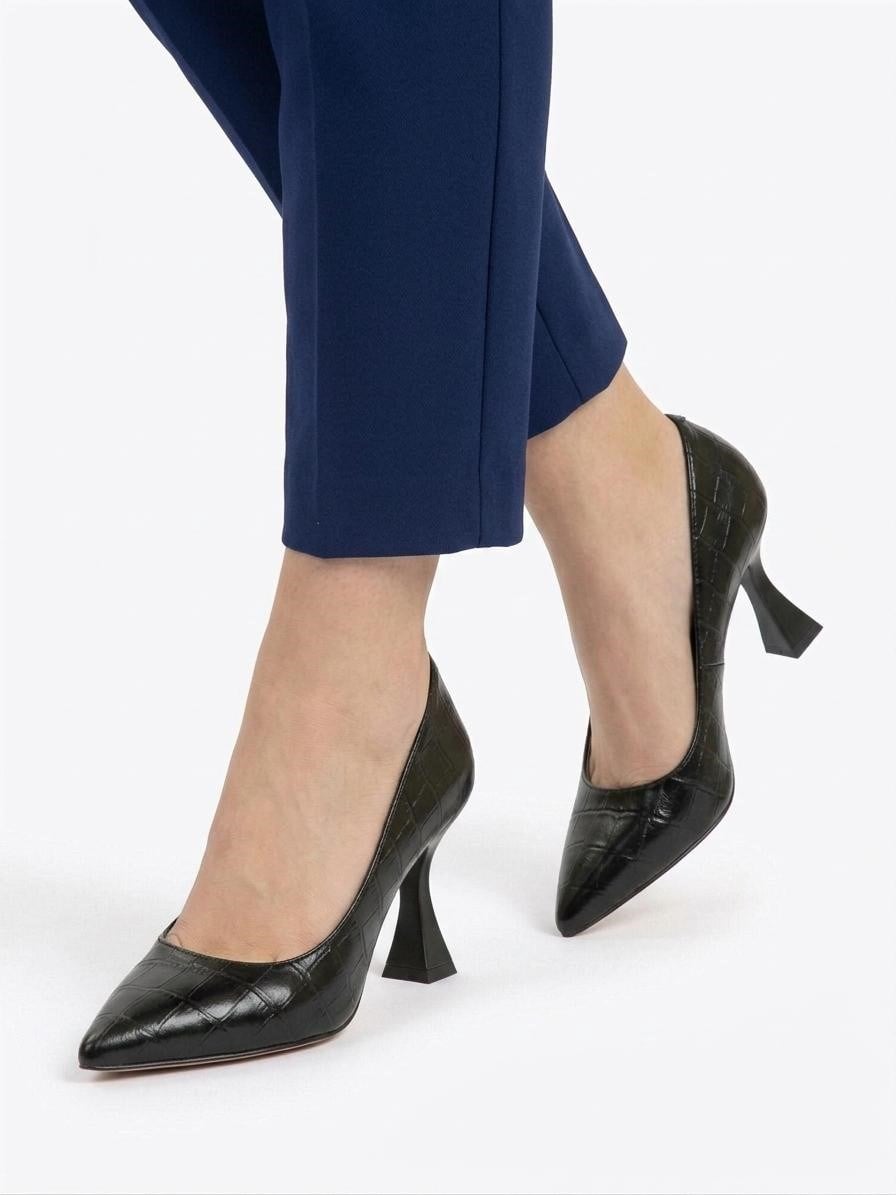 Kadın Flora Siyah Kroko 6 Cm İnce Topuklu Stiletto  