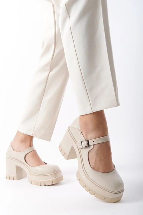 Tek Baletli Neon Krem 8 Cm Topuklu Platformlu Loafer Ayakkabı