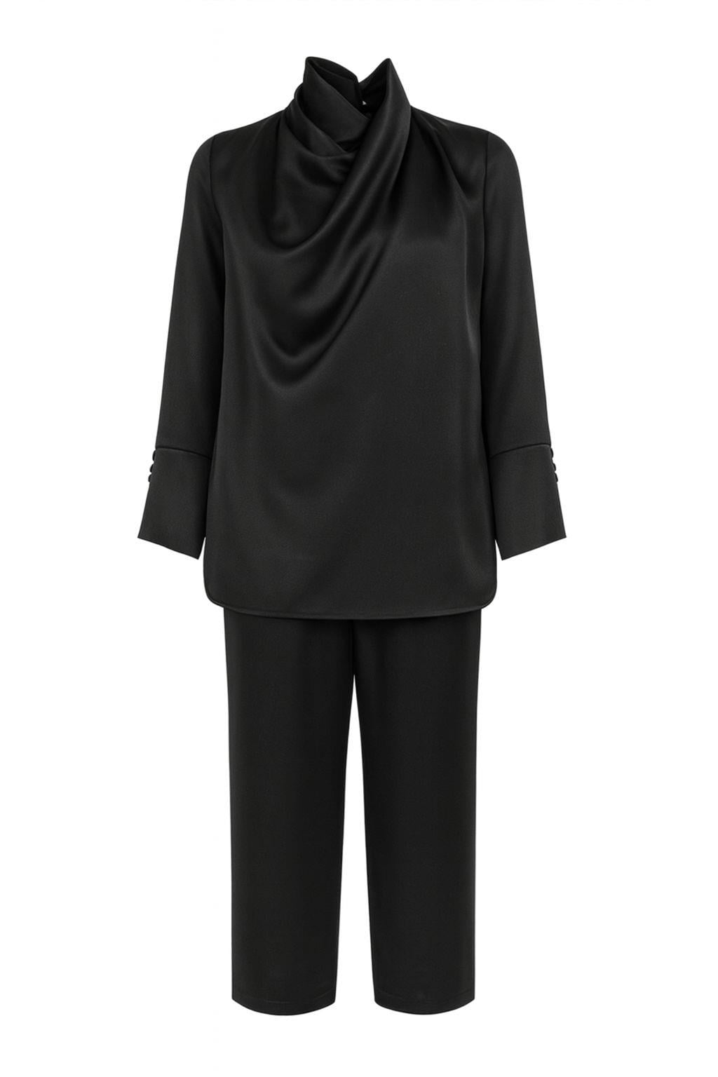 LUNA Drape Detaylı Siyah İpek Saten Takım