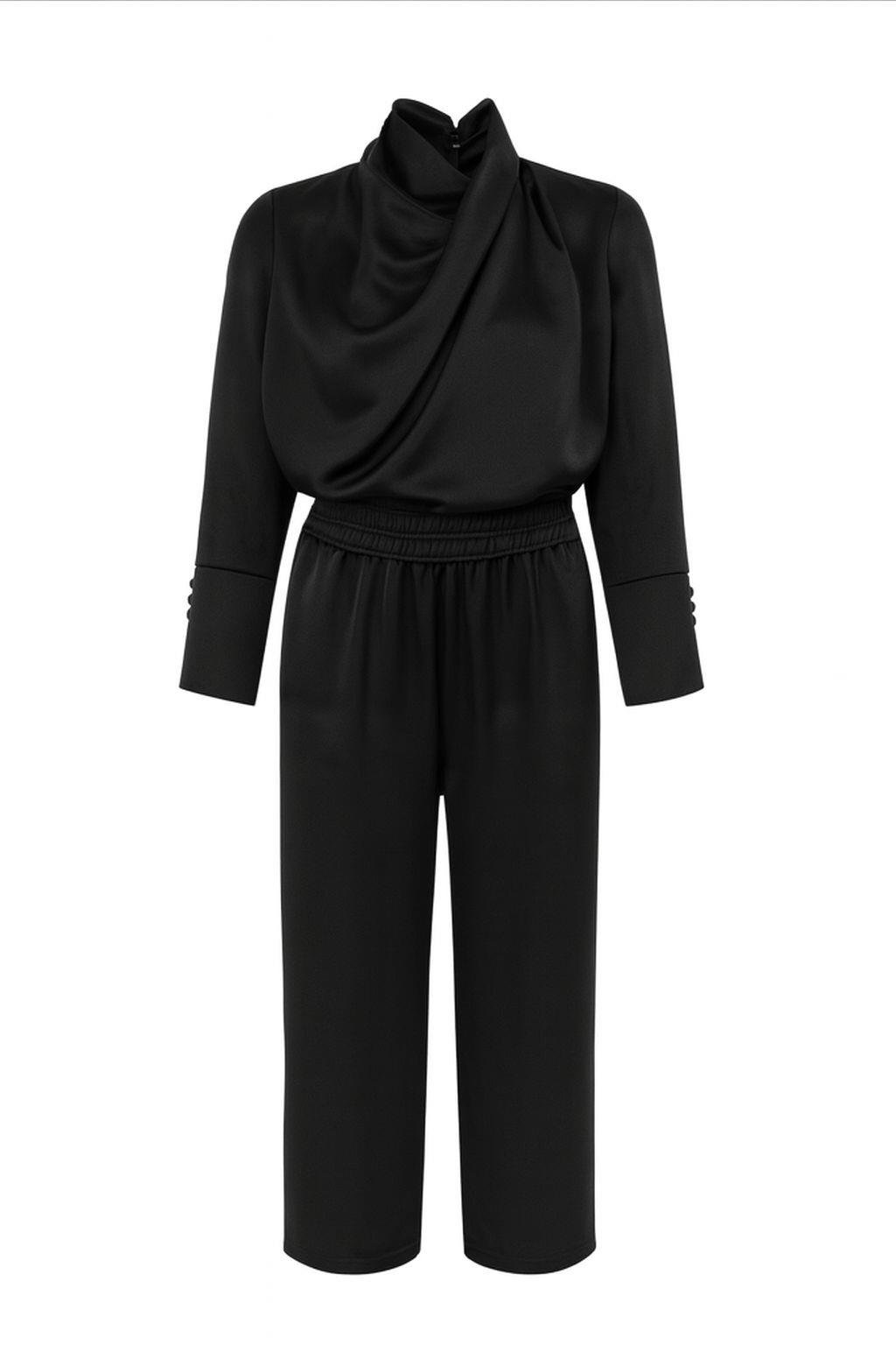 LUNA Drape Detaylı Siyah İpek Saten Takım