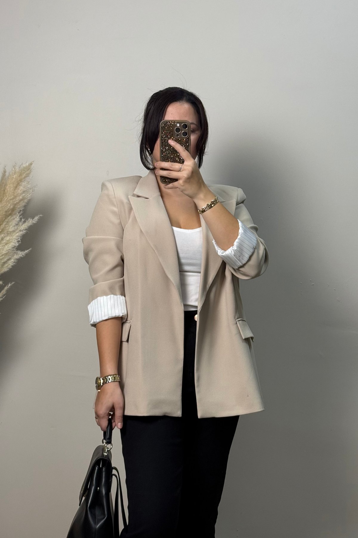 Çizgi Detaylı Bej Blazer 