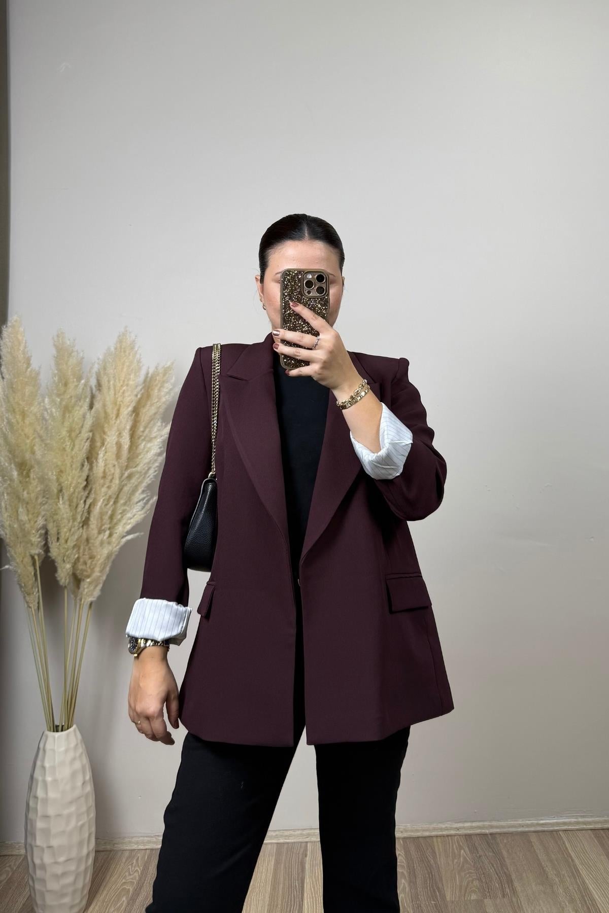 Çizgi Detaylı Bordo Blazer 