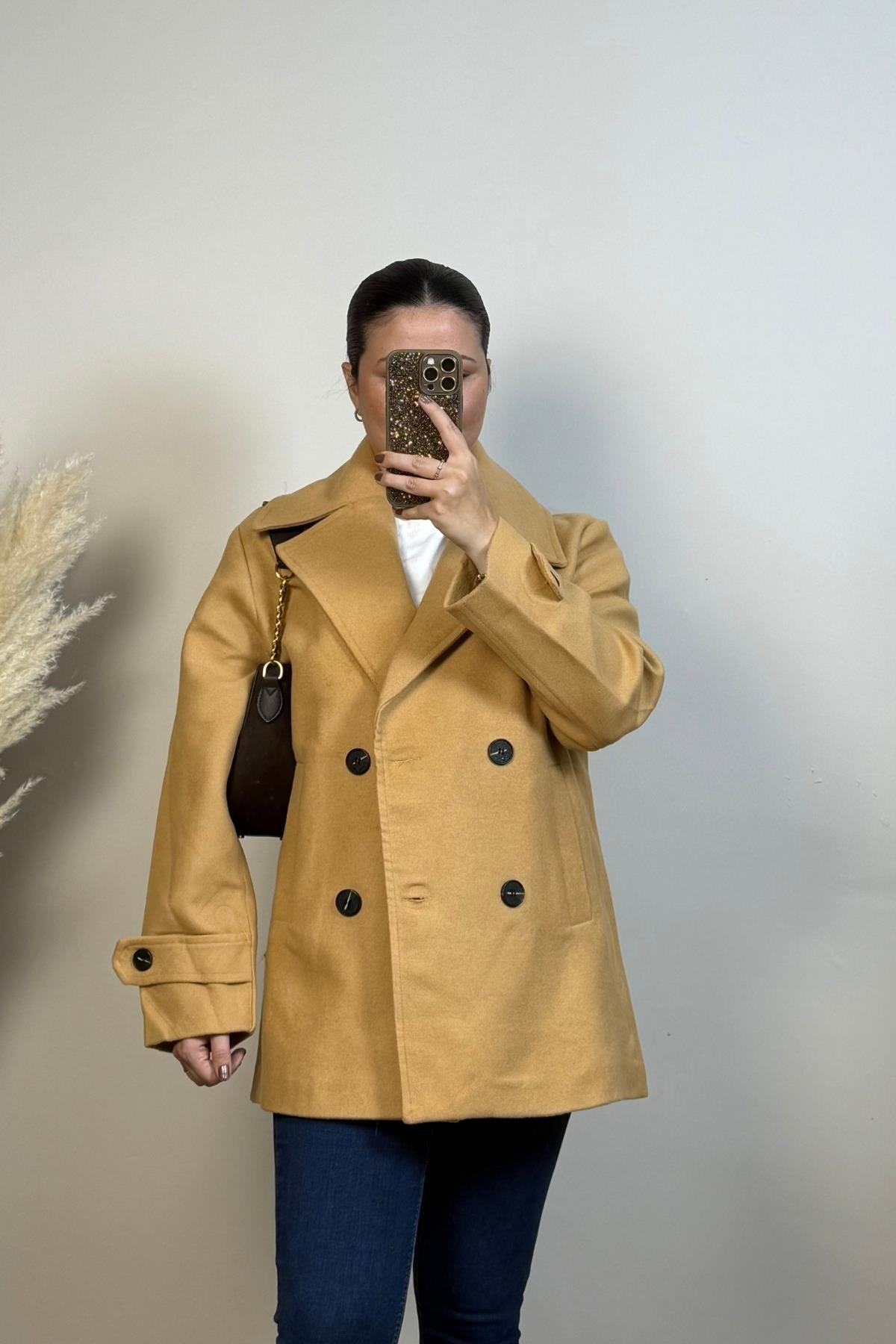 Premium Astarlı Kaşe Kaban Camel