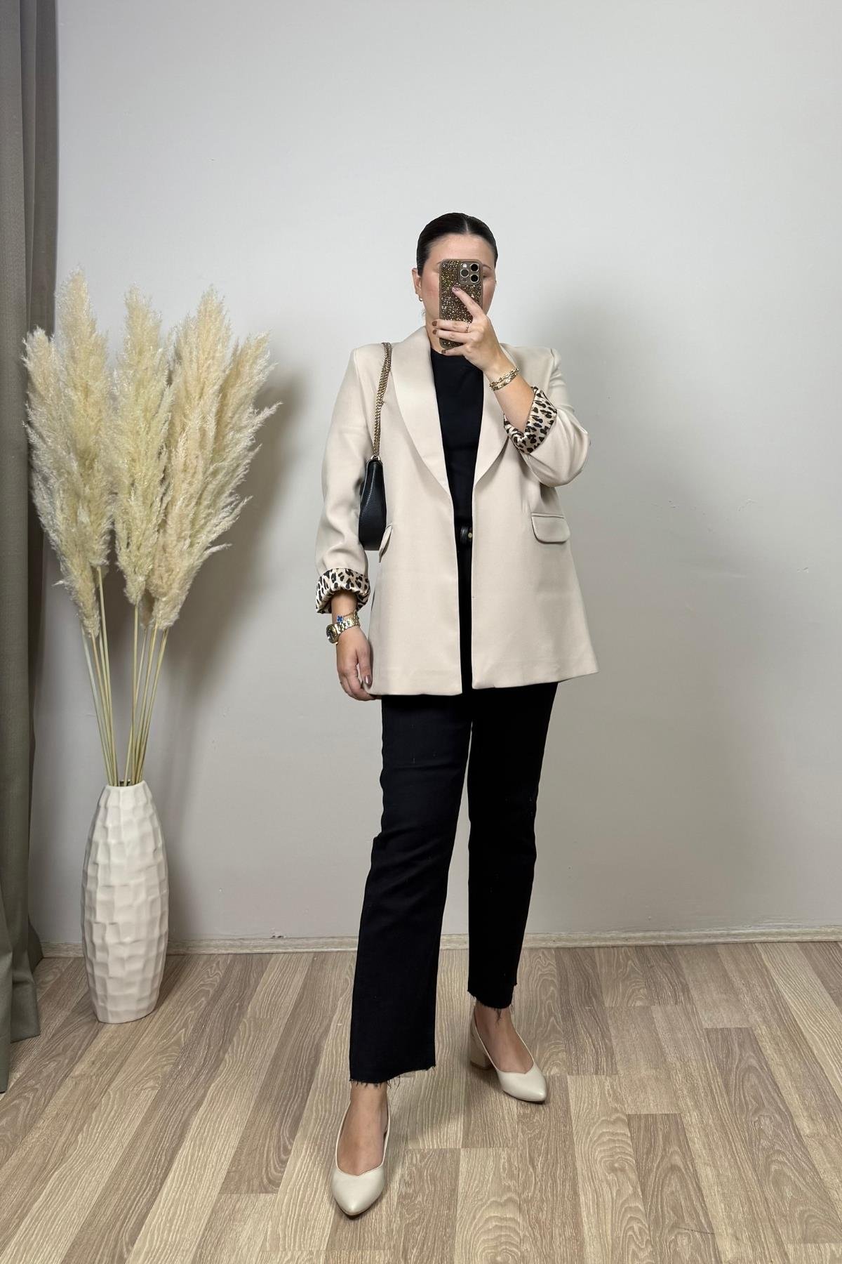 Şal Yaka, Leopar Astar Taş Blazer