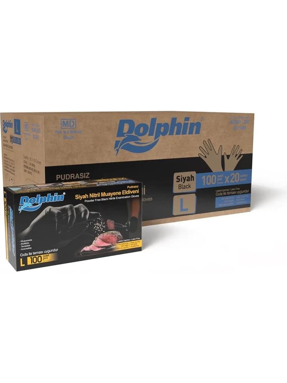 Dolphin Pudrasız Siyah Nitril Çok Amaçlı Eldiven (L) 1 koli (20 paket)