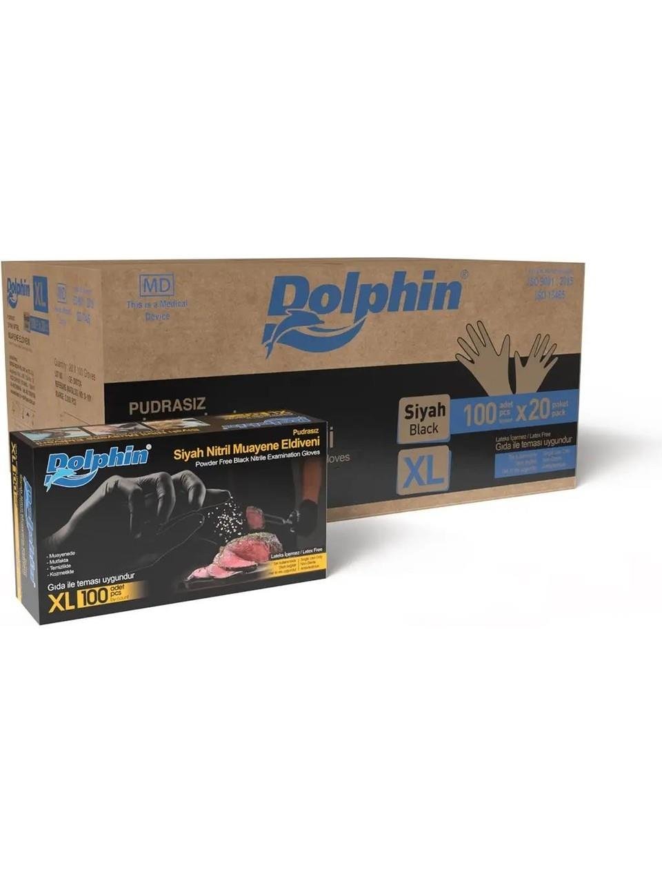 Dolphin Pudrasız Siyah Nitril Çok Amaçlı Eldiven (XL) 1 koli (20 paket)