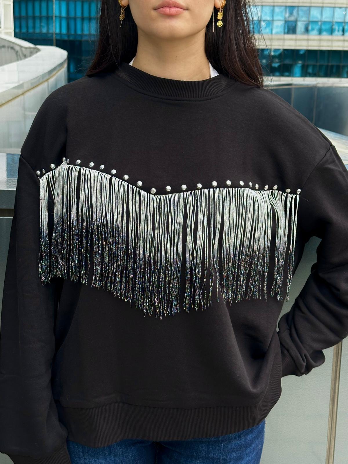 ARLİN Balıkçı Yaka Püsküllü Siyah Sweatshirt