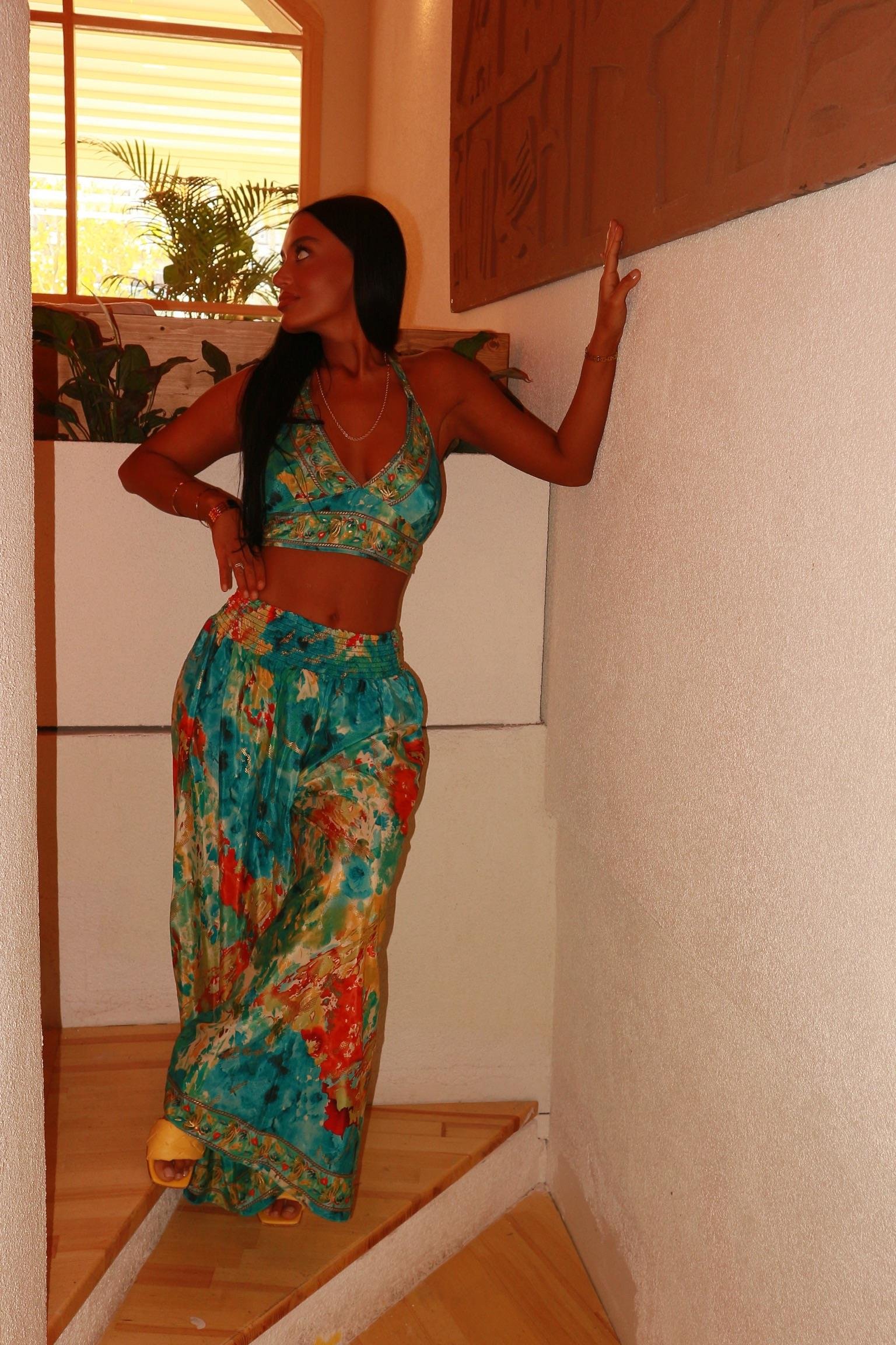 CORLIN Bohem İpek Crop Bolero Pantolon Takım