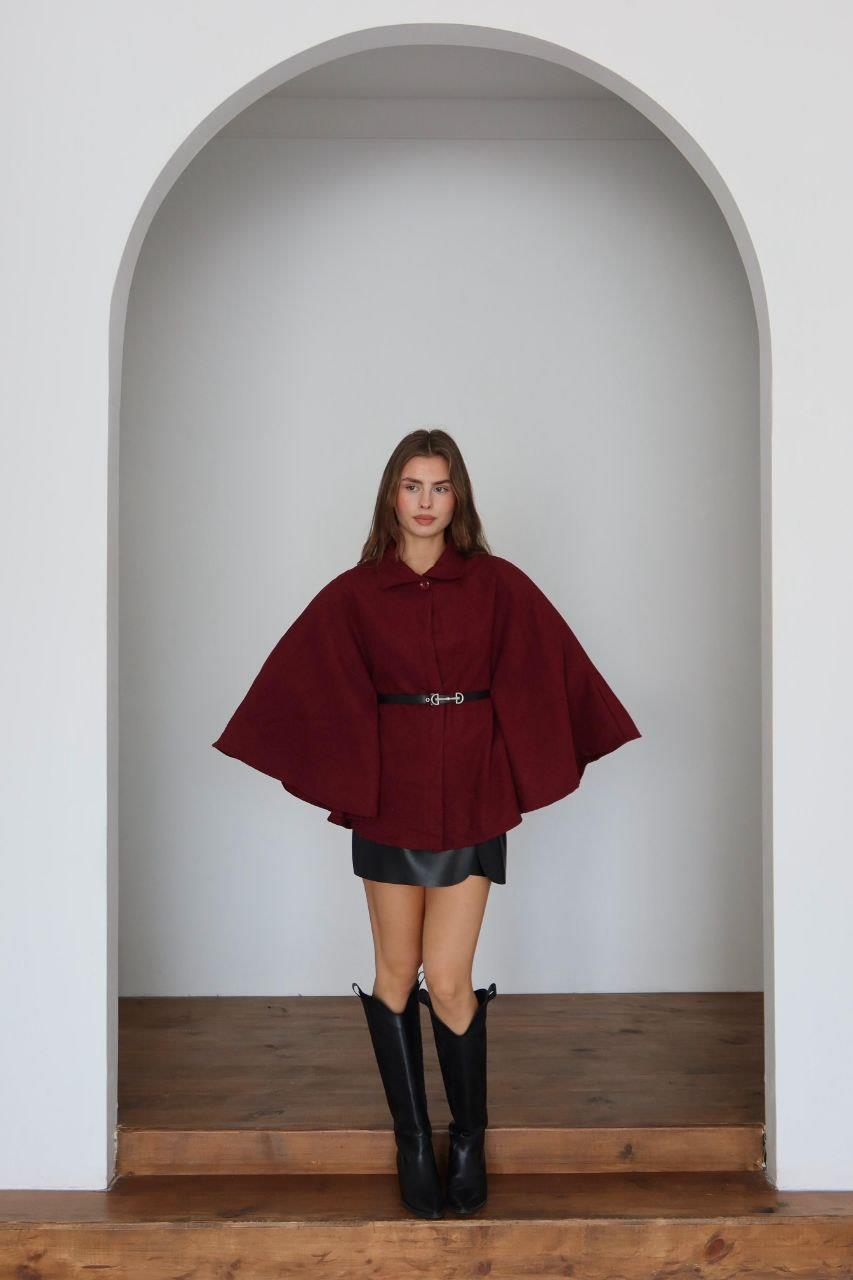 Bordo Kemerli Kaşe Kumaş Pelerin Panço