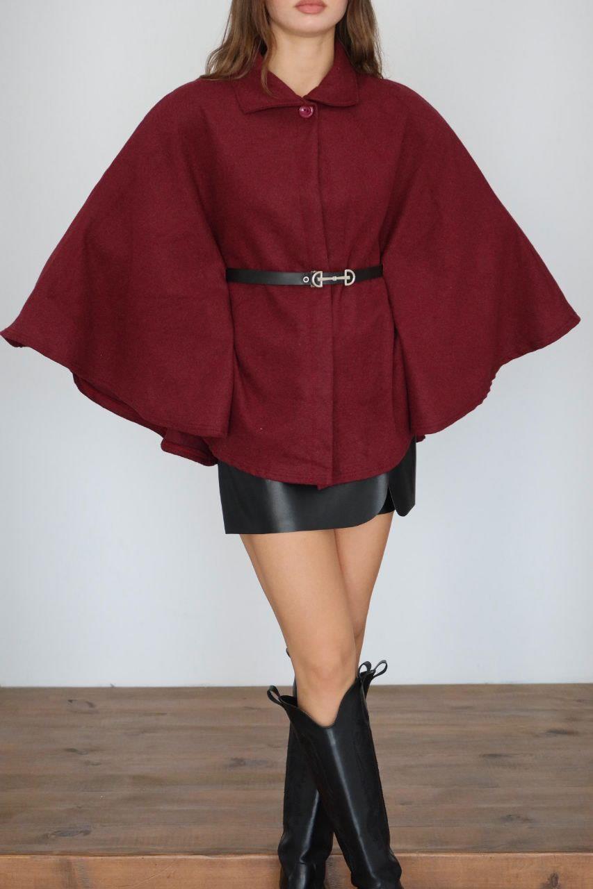 Bordo Kemerli Kaşe Kumaş Pelerin Panço