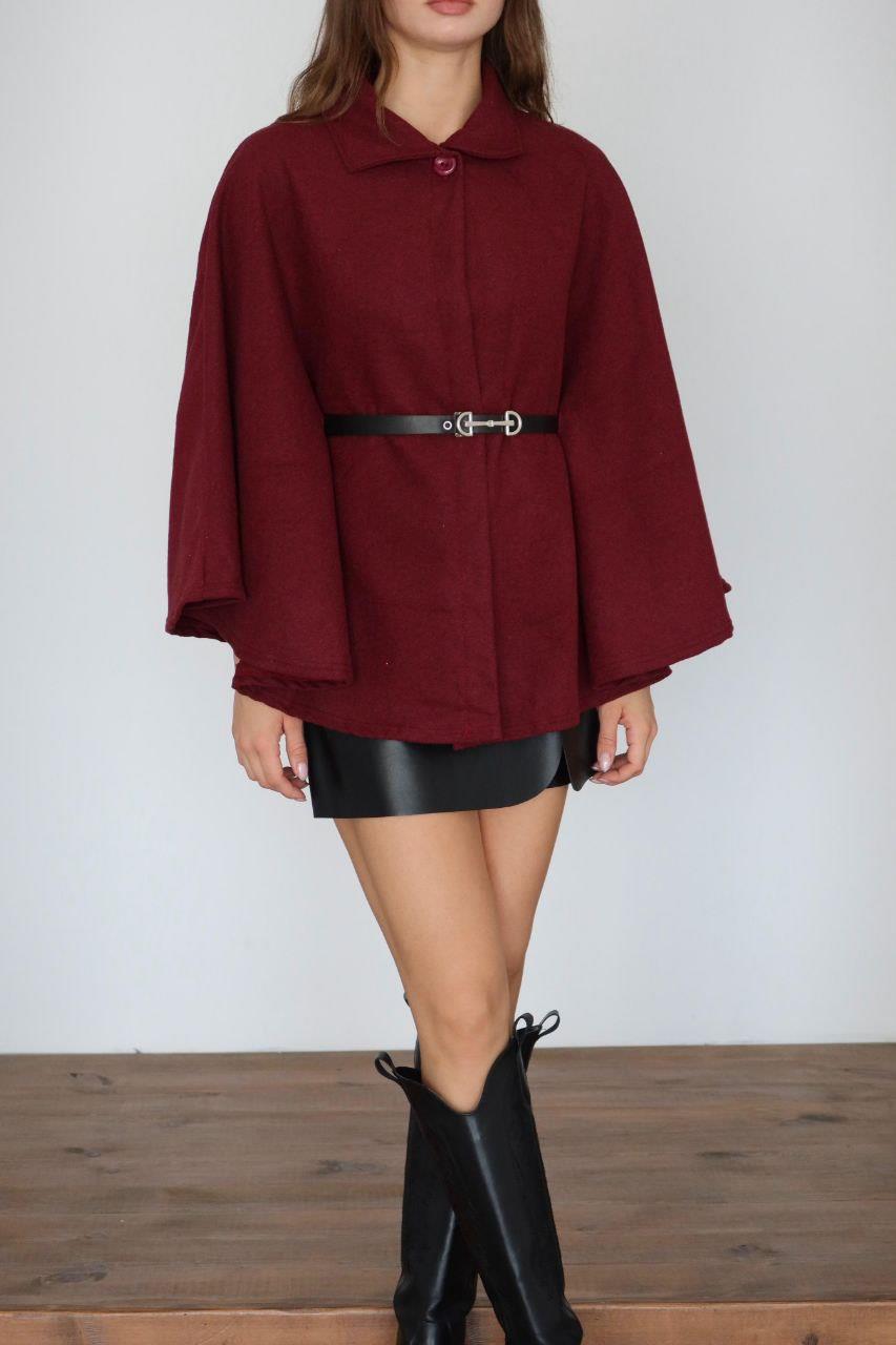 Bordo Kemerli Kaşe Kumaş Pelerin Panço