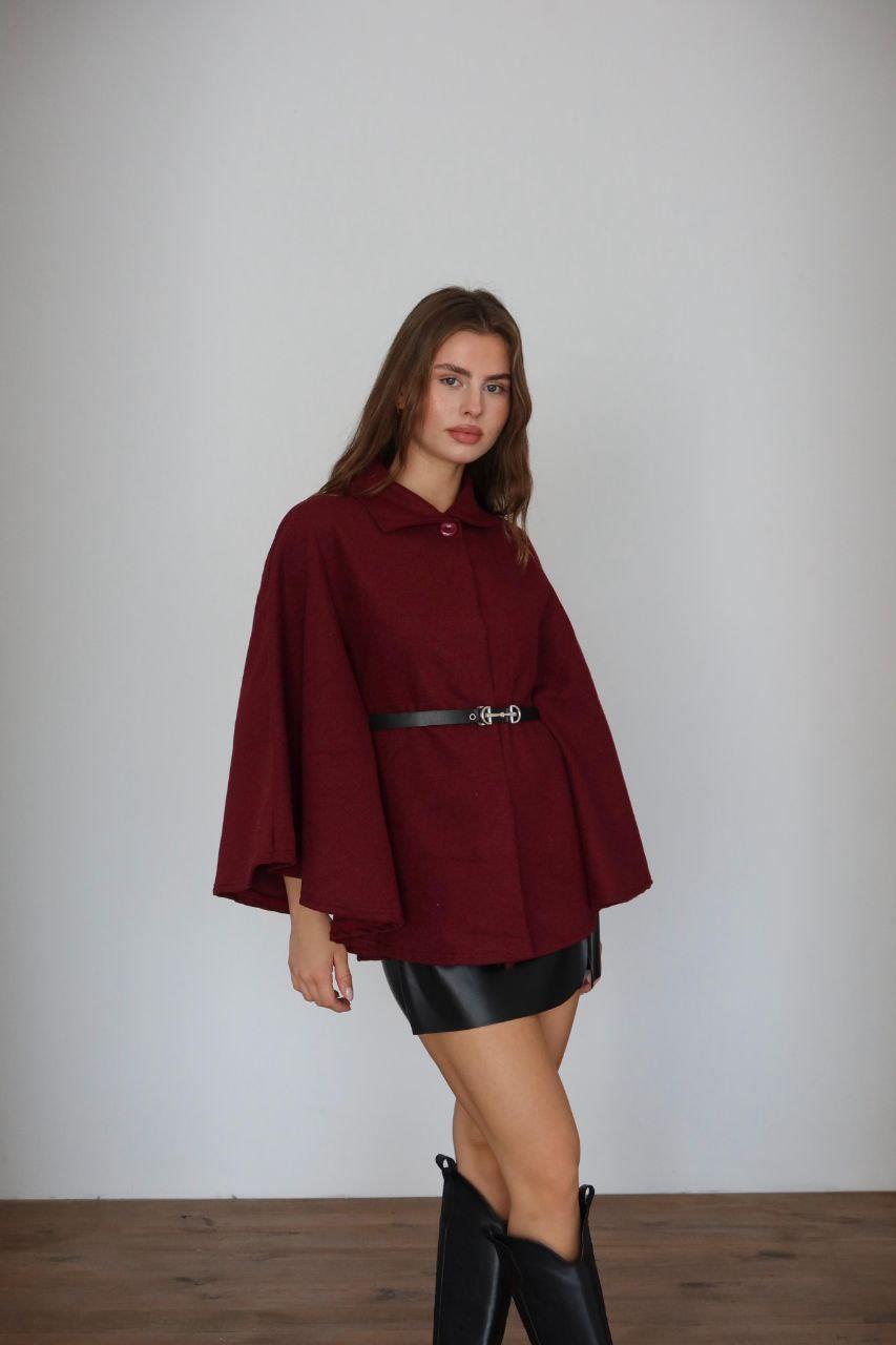 Bordo Kemerli Kaşe Kumaş Pelerin Panço