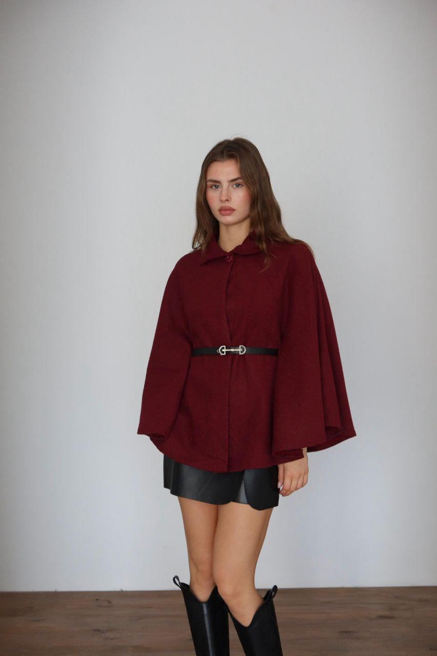 Bordo Kemerli Kaşe Kumaş Pelerin Panço