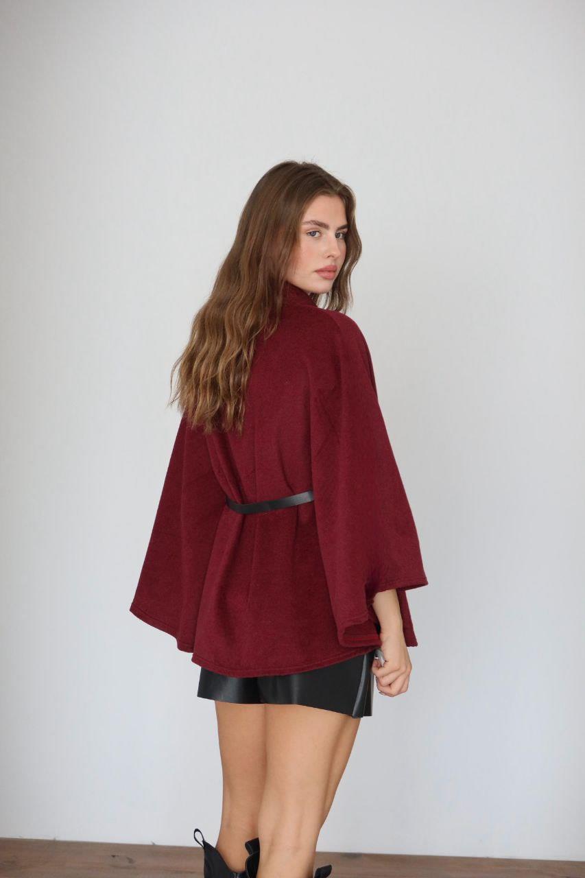 Bordo Kemerli Kaşe Kumaş Pelerin Panço