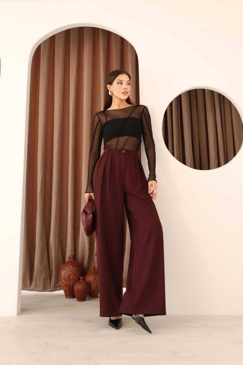Kadın Bordo 3 Pileli  Palazzo Kumaş Pantolon  Bol Paça - Yüksek Bel