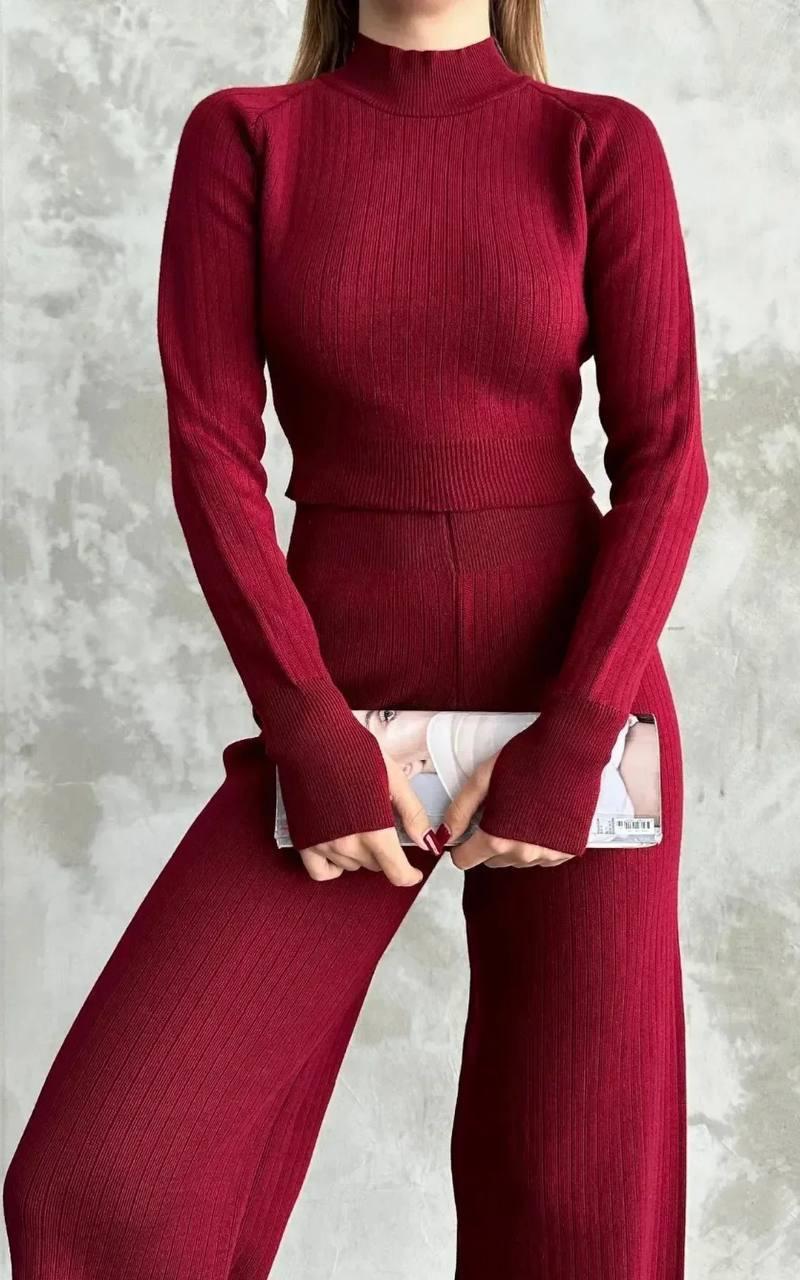 Kadın Bordo Triko Pantolonlu Alt Üst Takım