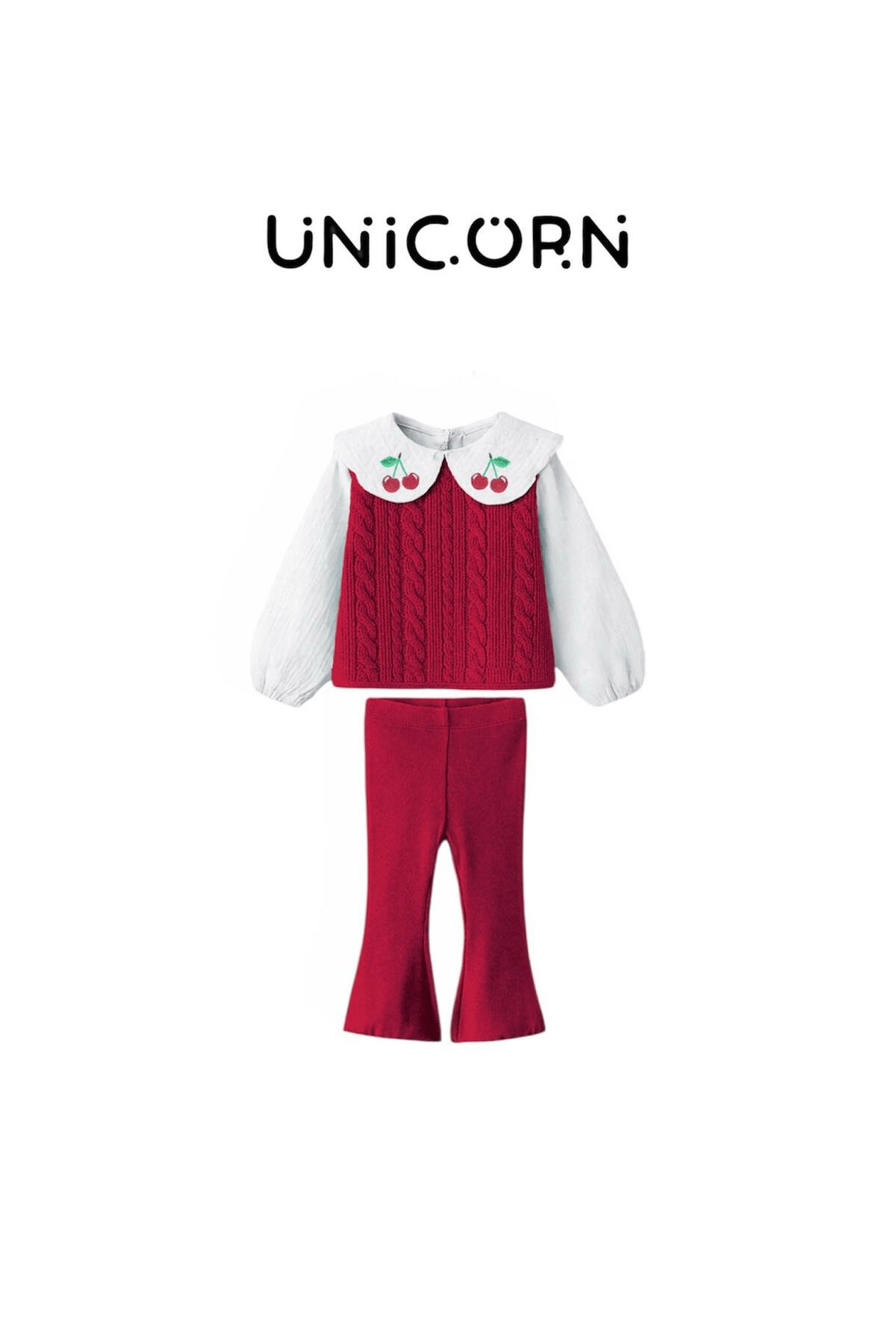 Unicorn Kız Çocuk Bordo Kiraz Nakışlı Bebe Yaka Süveter ve Alt Takım
