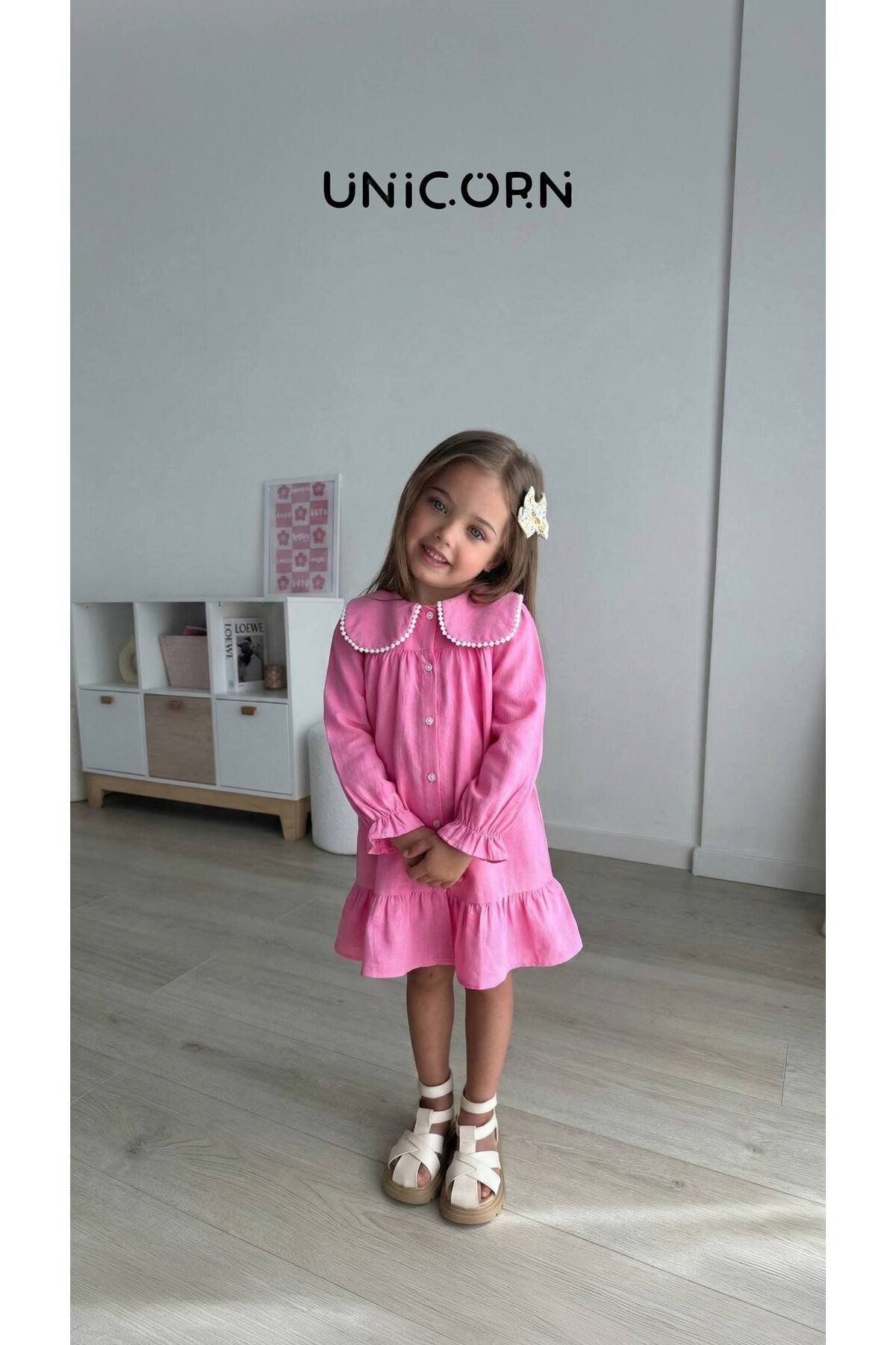 Unicorn Kız Çocuk Fuşya Pembe Fisto Bebe Yaka Klasik Kesim Elbise