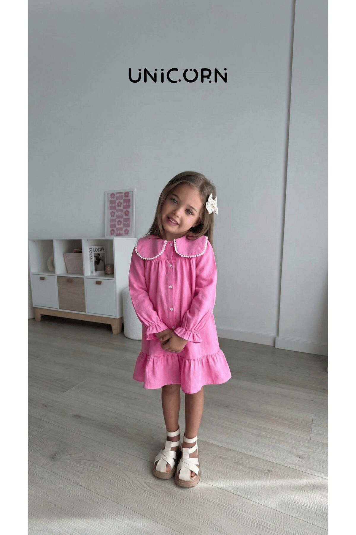 Unicorn Kız Çocuk Fuşya Pembe Fisto Bebe Yaka Klasik Kesim Elbise