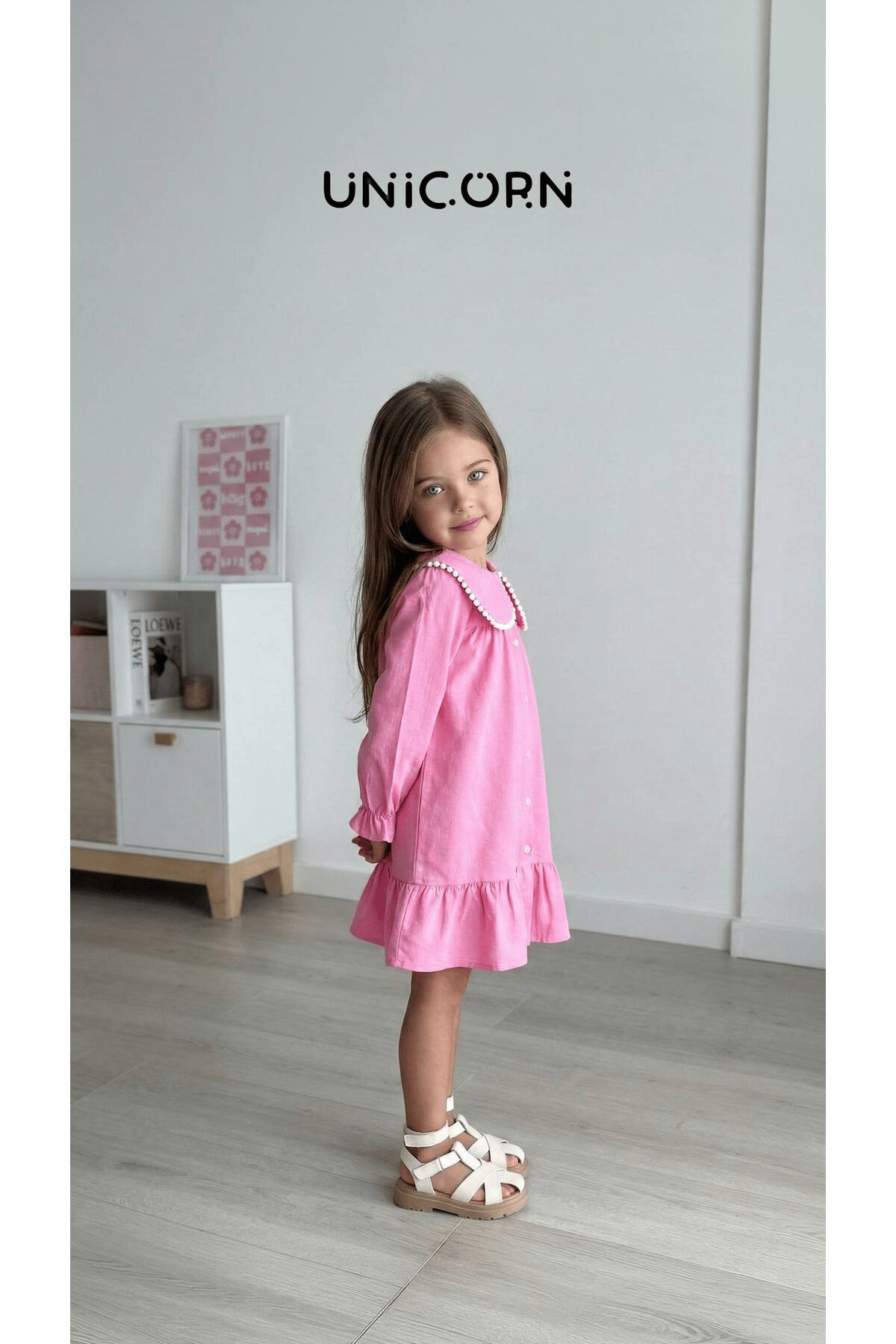 Unicorn Kız Çocuk Fuşya Pembe Fisto Bebe Yaka Klasik Kesim Elbise
