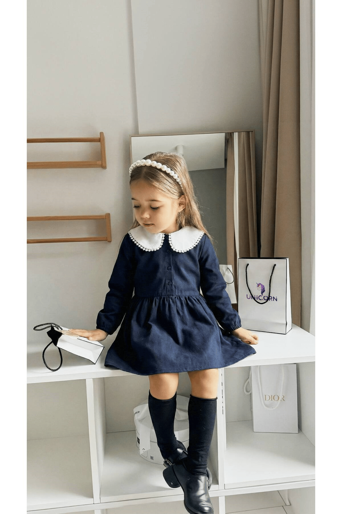 Unicorn Kız Çocuk Lacivert Brode Bebe Yaka Klasik Kesim Elbise