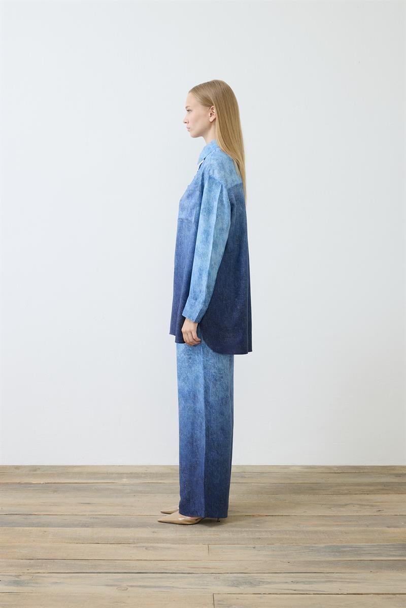 DENIM PATTERNED RAYON VISCOSE PANTS SET NAVY BLUE