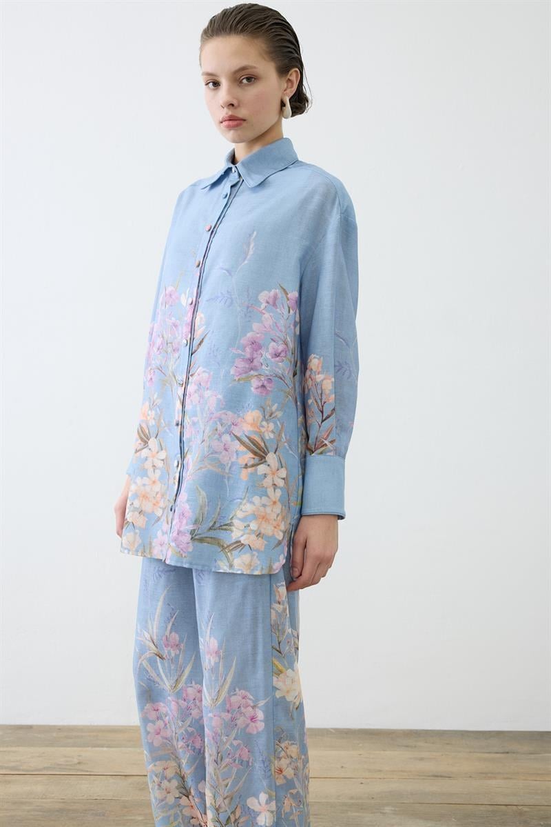 FLORA PATTERNED LINEN PANTS SET BLUE