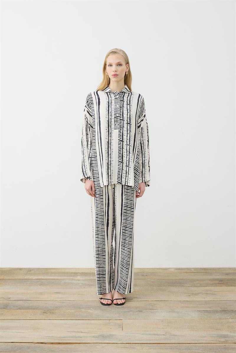 LINE PATTERNED RAYON VISCOSE PANTS SET BLACK