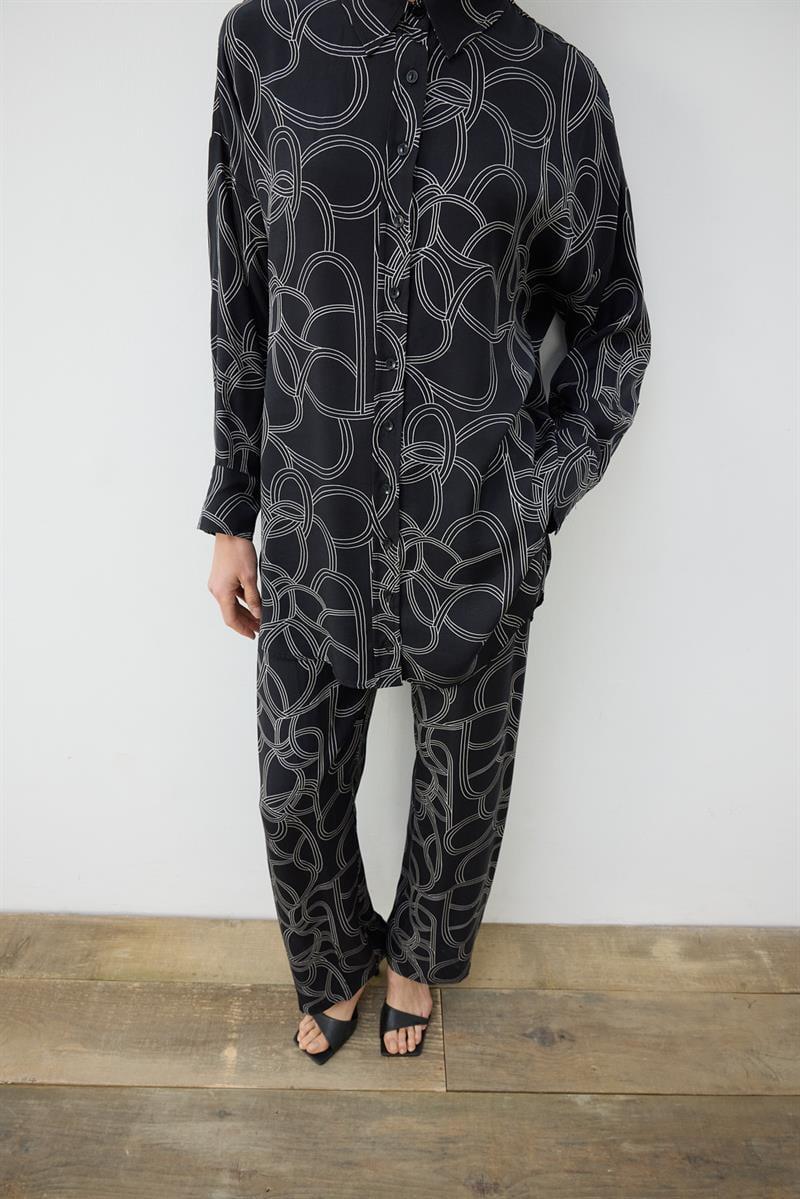 LINEA WASHED SILK PATTERNED PANTS SET BLACK