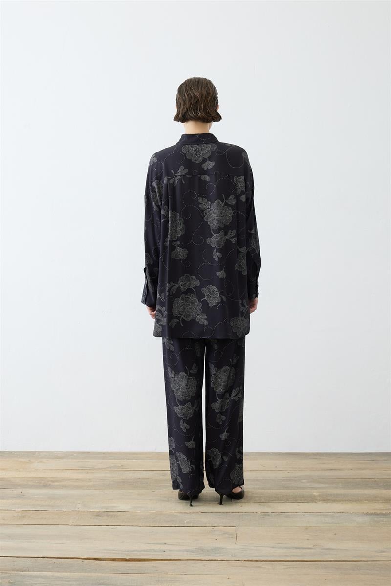 RITZ PATTERNED RAYON VISCOSE PANTS SET BLACK