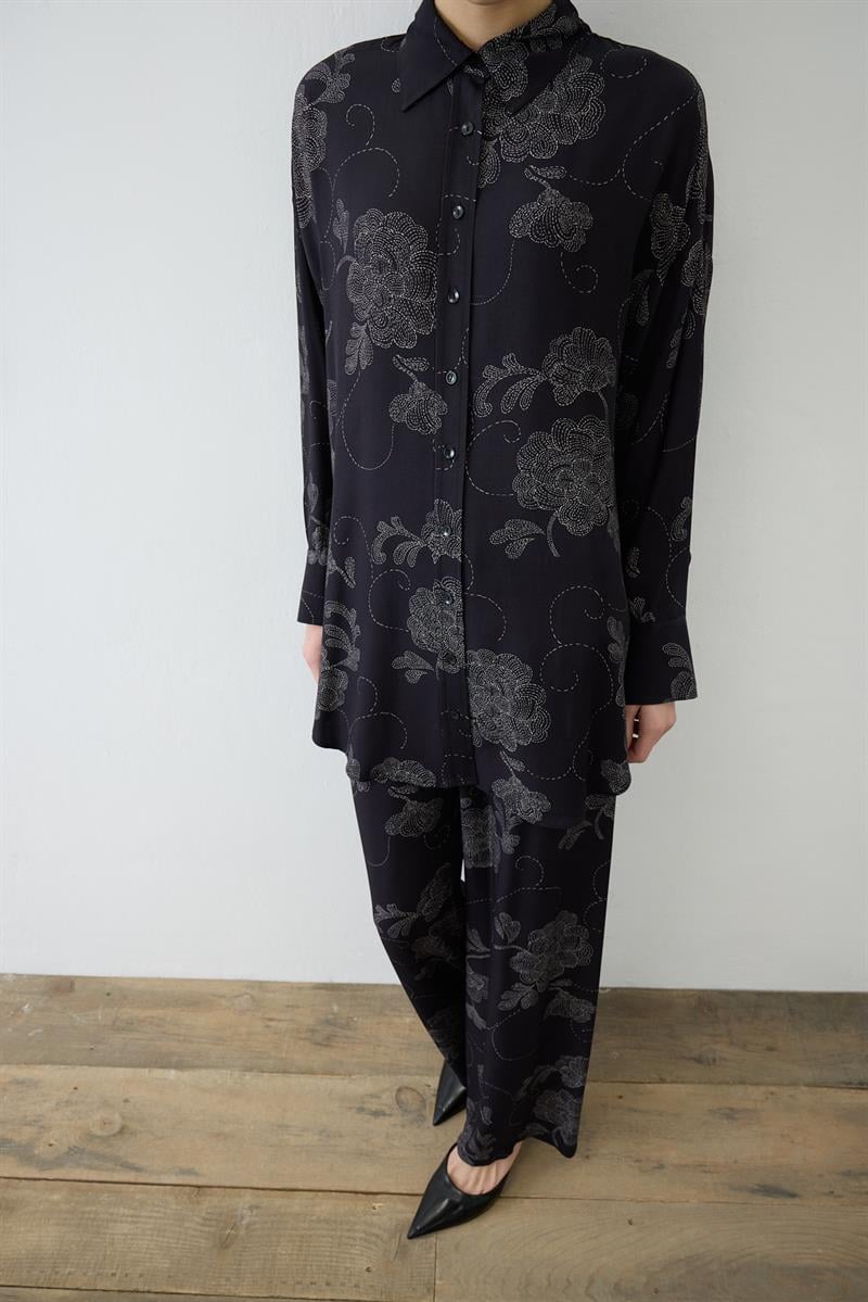 RITZ PATTERNED RAYON VISCOSE PANTS SET BLACK