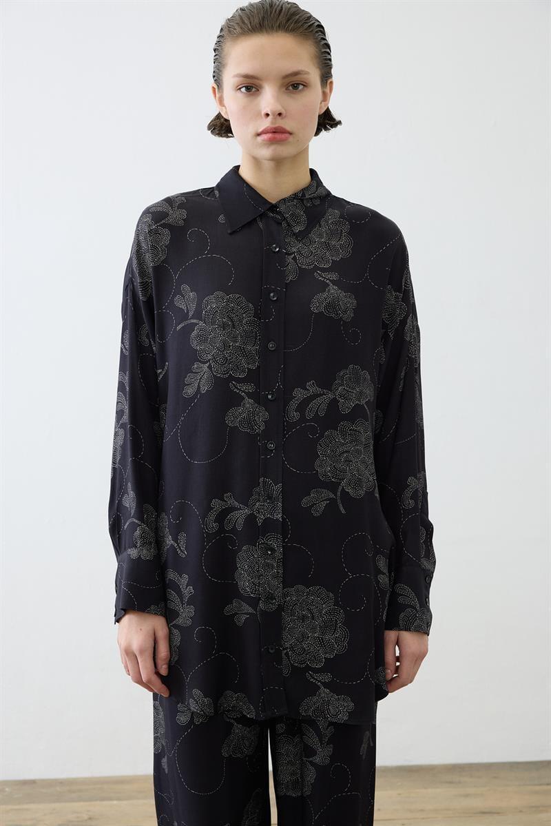 RITZ PATTERNED RAYON VISCOSE PANTS SET BLACK